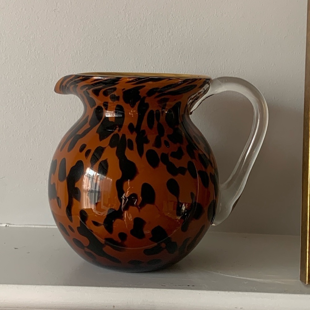 1998 Bombay Company Hand Blown Glass Tiger Pitcher Orange & Black 6.5" Tall boho